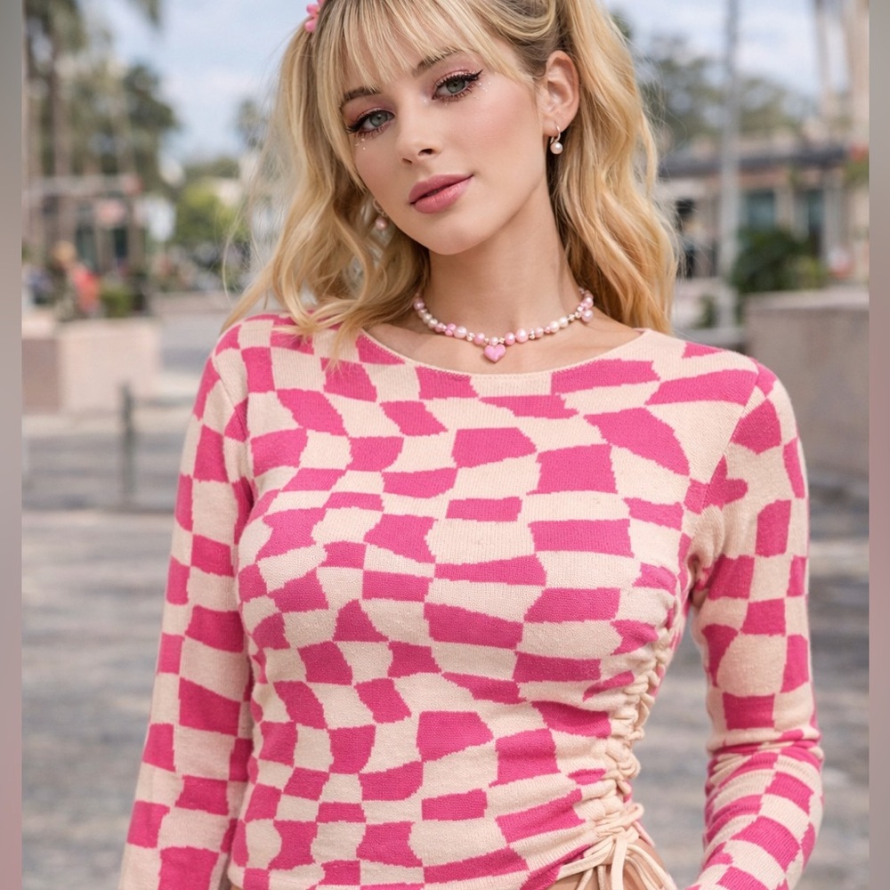 y&i Pink Checkerboard Knit Top Womens Small Ruched Side Long Sleeve Y2K
